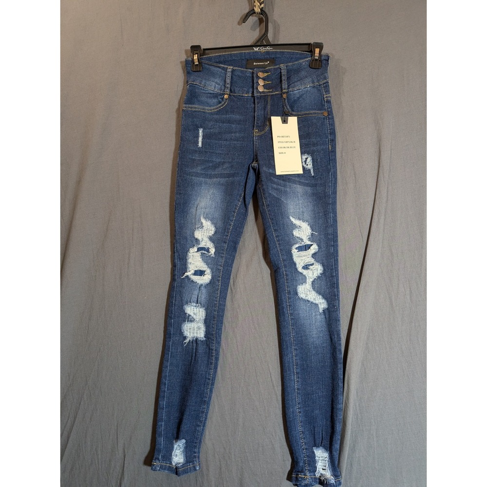 Between Us Womens Size 0 High Rise Skinny Jeans Dark Blue Distressed Ripped